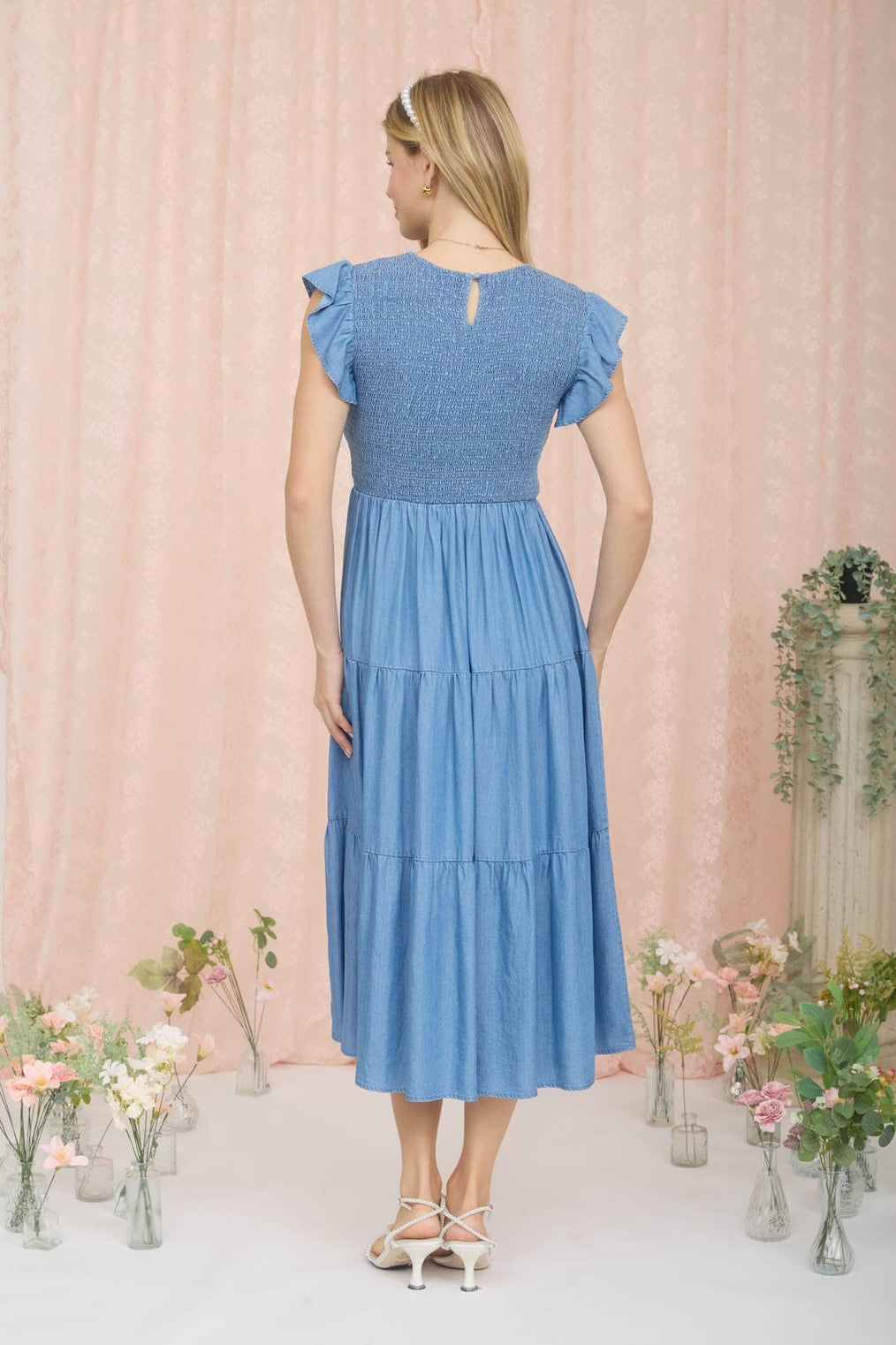 Flutter Sleeve Midi Dress Denim