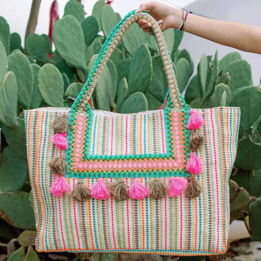 Teal, Pink and Green Stripe Beach Tote Bag