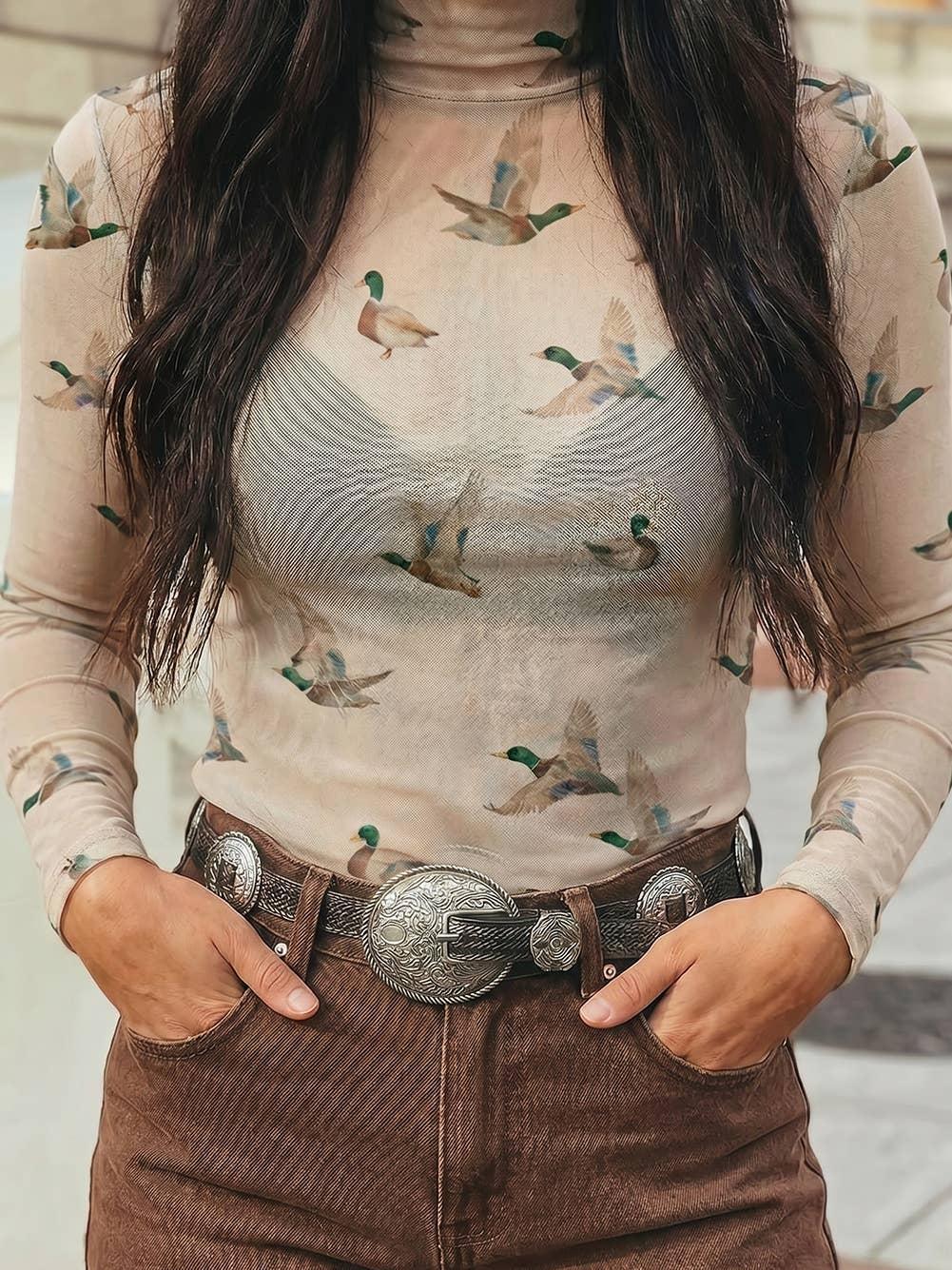 Flying Mallard Duck Mock Neck Long Sleeve Mesh Top