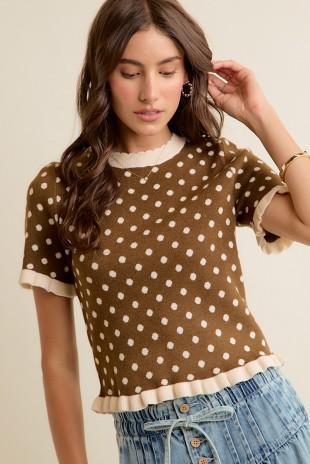 Polka Dot Ruffled Short Sleeves Sweater Knit Top