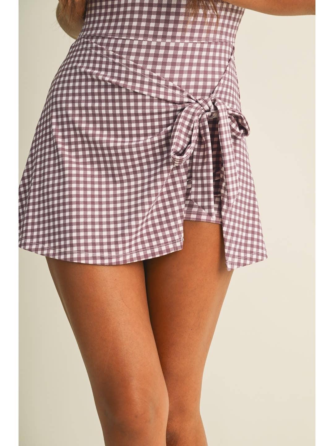 Gingham Print Sleeveless Wrap Tie Front Dress - Mauve Pink