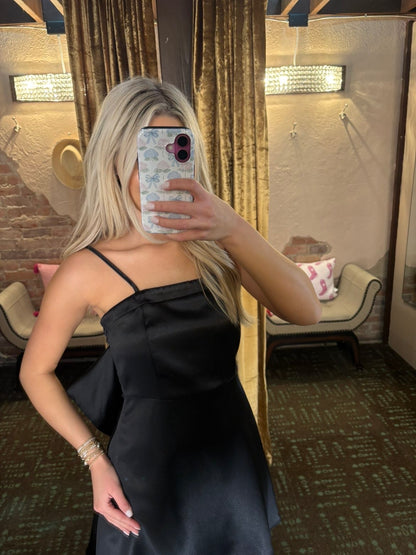 Tied Bow Satin Black Dress