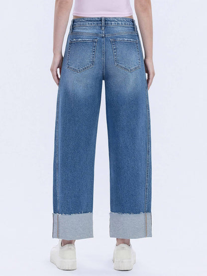 Defeating High Rise Cuffed Barrel Leg Jeans