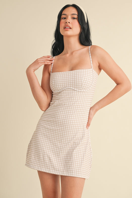 Beige Gingham Sweetheart Dress