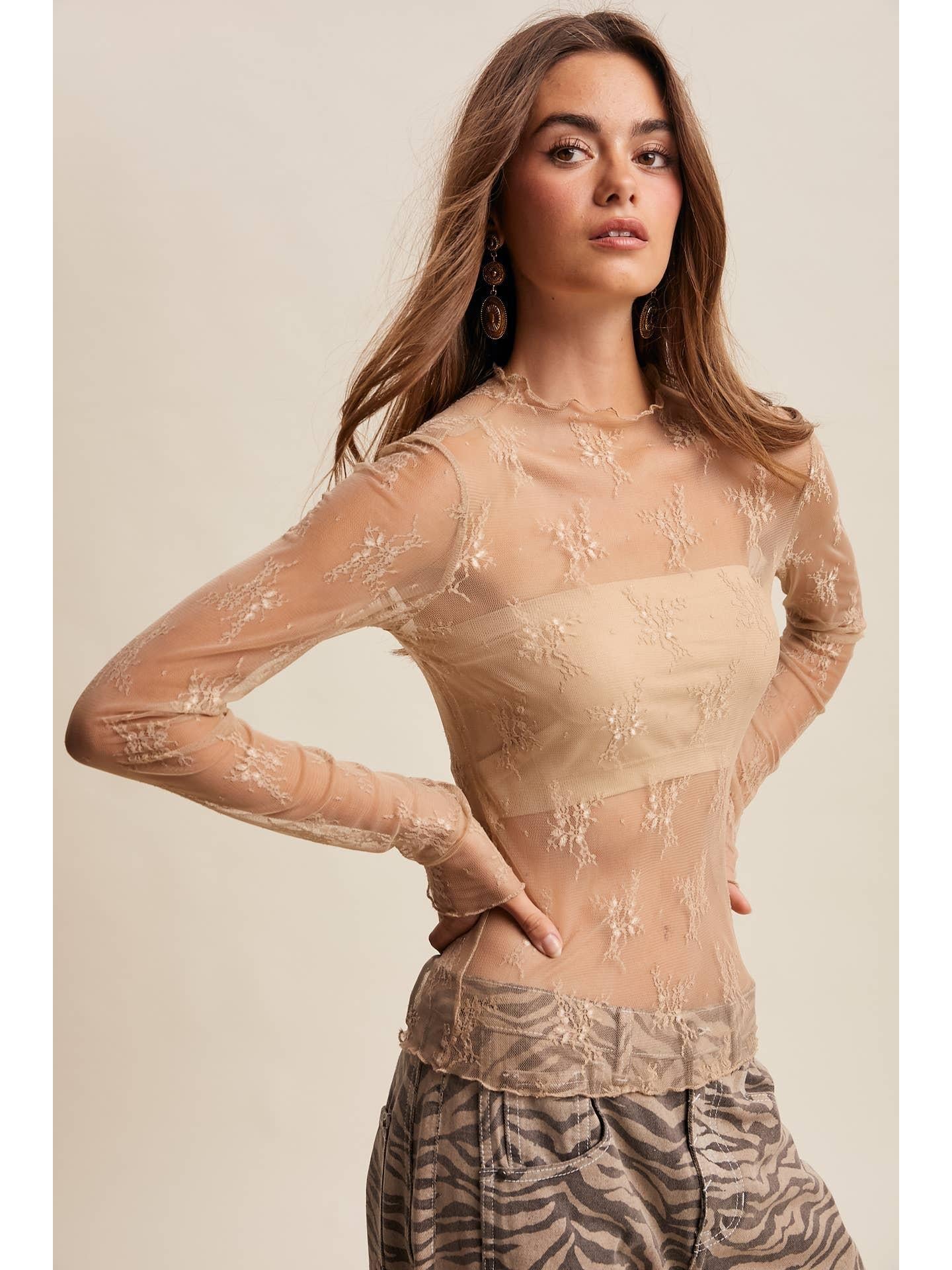 Sheer Lace Long-Sleeve Top Beige