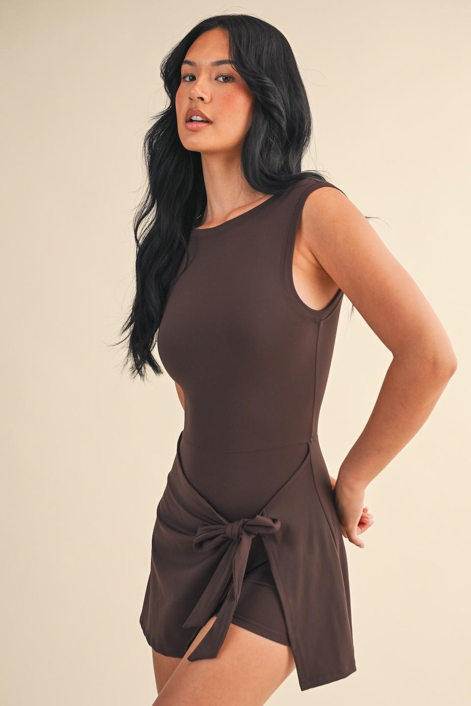 Brown Sleeveless Wrap Tie Front Dress