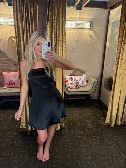 Tied Bow Satin Black Dress