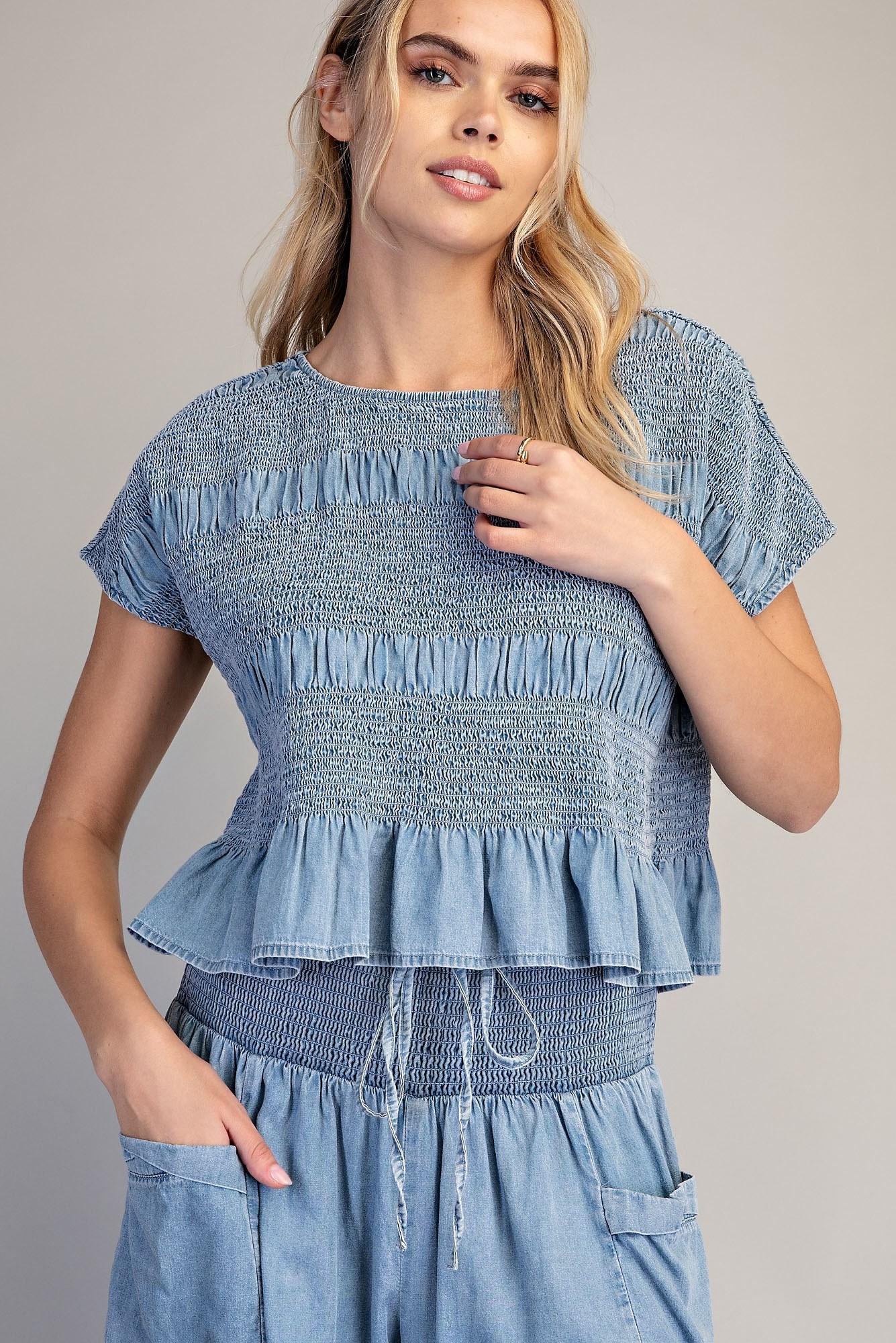 Denim Smocked Top
