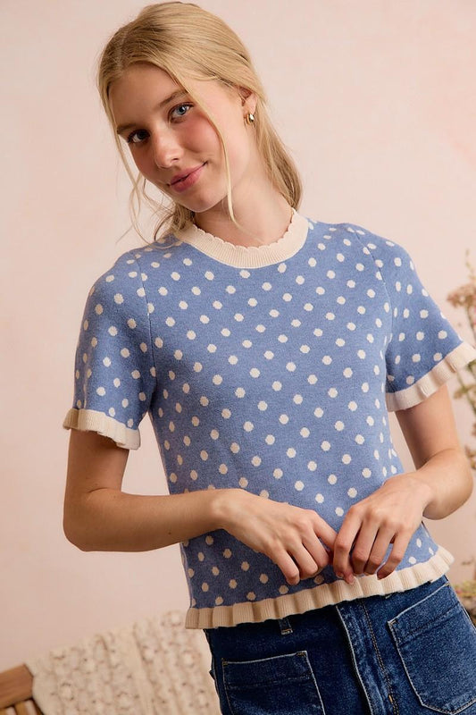 Polka Dot Ruffled Sweater Knit Top - Blue