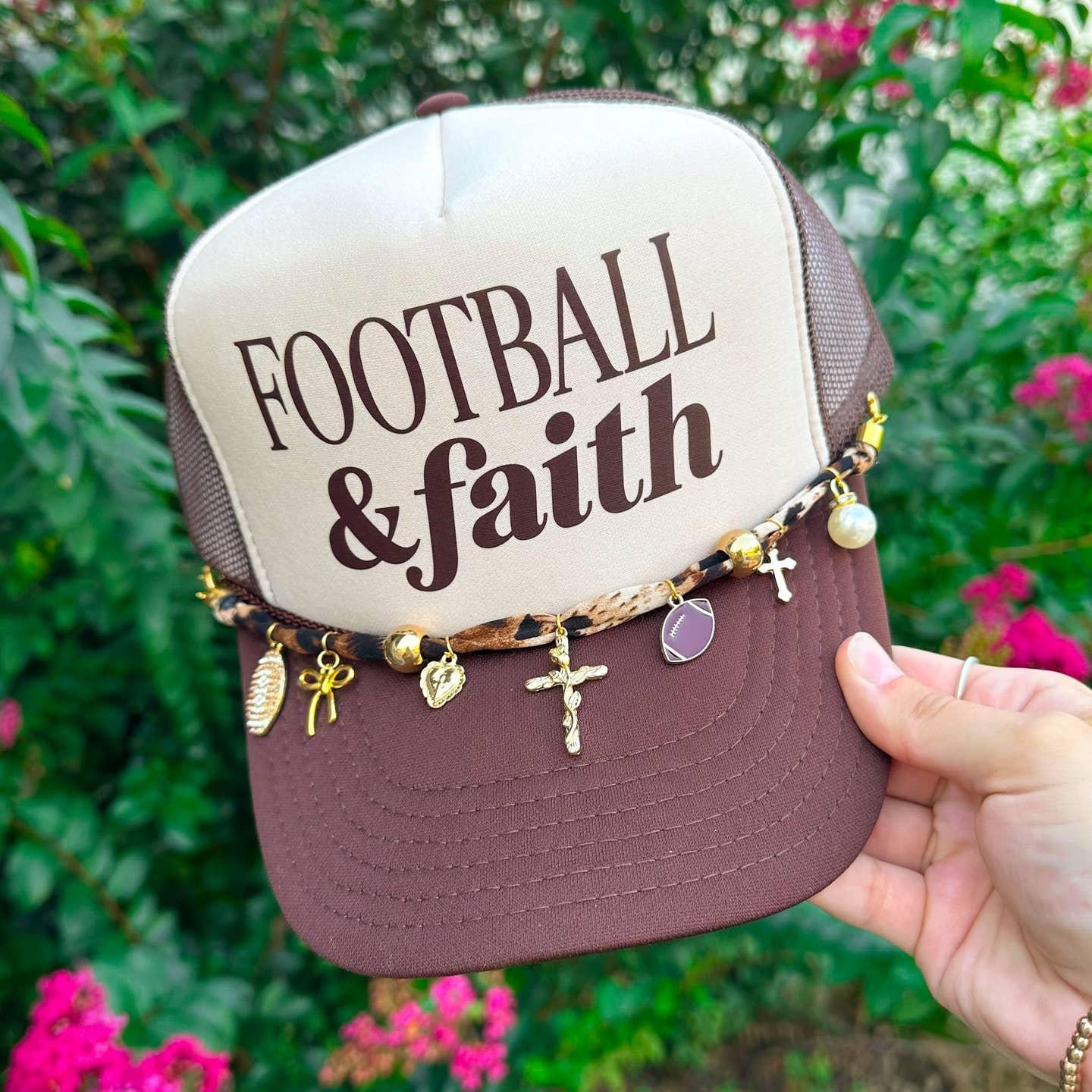 Football and Faith Tan/Brown Trucker W/ Scarf Chain
