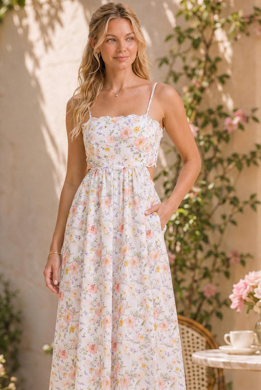 Scallop Edge Tie Shoulder Floral Midi Dress