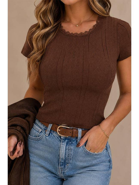 Pointelle Lace Trim Sweater Top