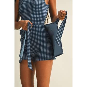 Gingham Print Sleeveless Wrap Tie Front Dress - Dusty Blue