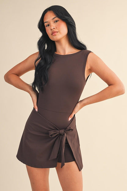Brown Sleeveless Wrap Tie Front Dress