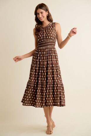 Polka Dot Sleeveless Smocked Waist Midi Lined Dress