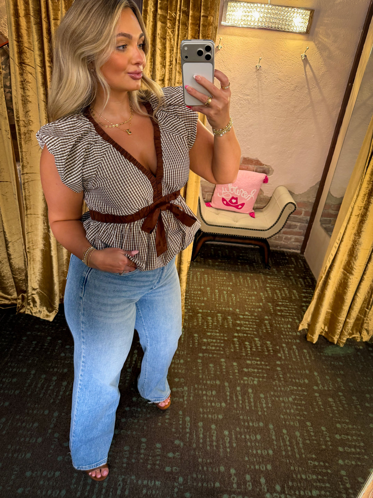 Gingham ruffle cap sleeve top