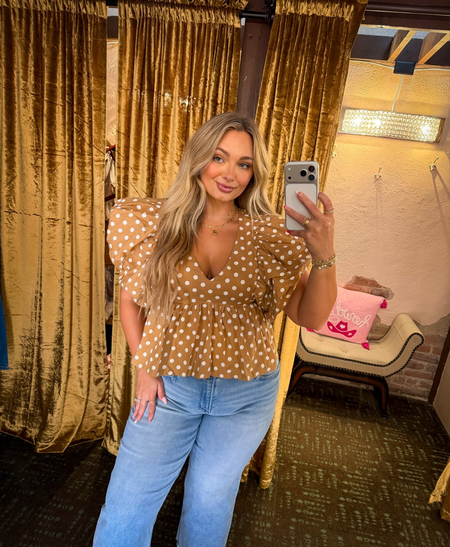 Polka Dot Bubble Sleeves Back Smocked Lined Blouse Top