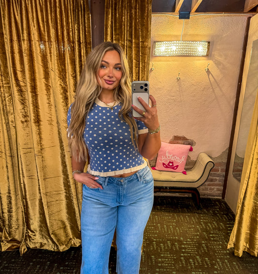 Polka Dot Ruffled Sweater Knit Top - Blue