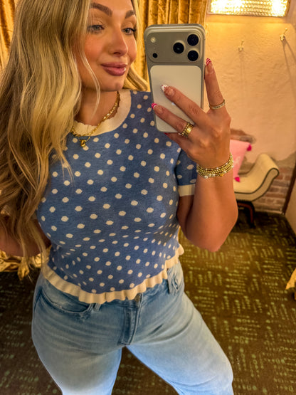 Polka Dot Ruffled Sweater Knit Top - Blue