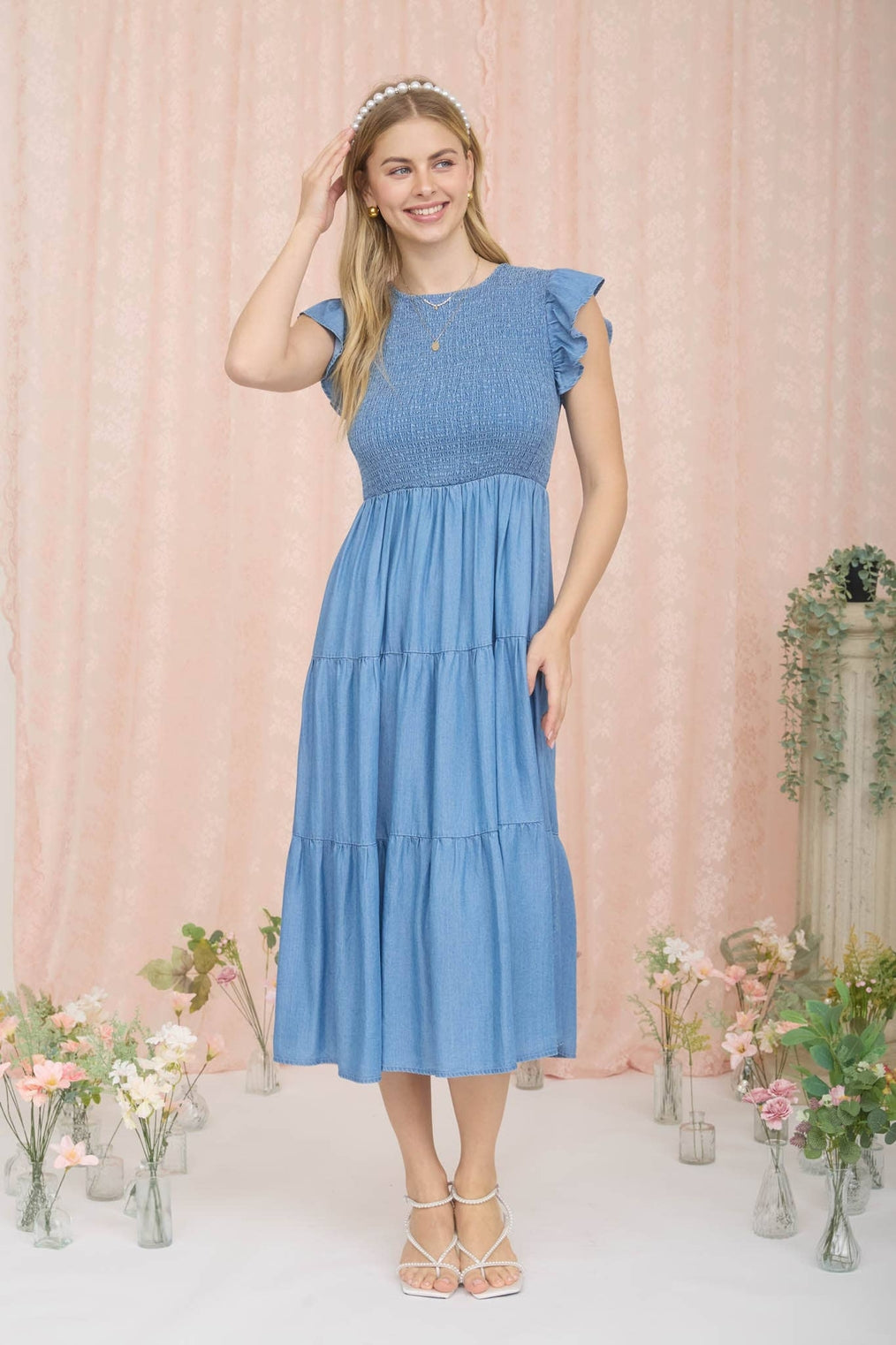 Flutter Sleeve Midi Dress Denim
