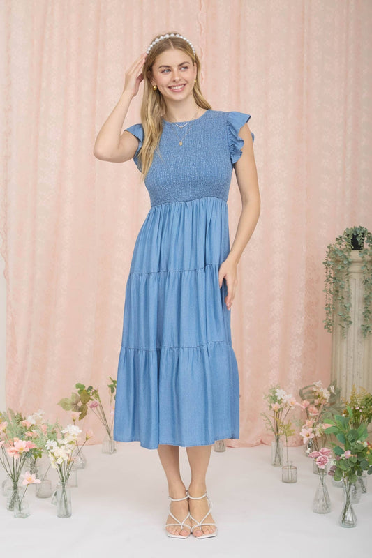 Flutter Sleeve Midi Dress Denim