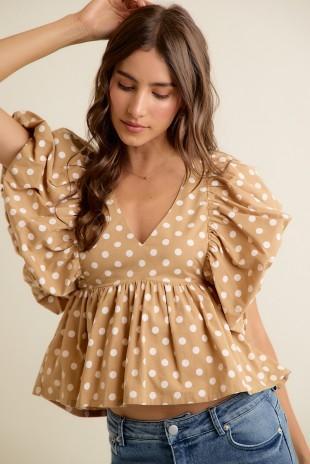 Polka Dot Bubble Sleeves Back Smocked Lined Blouse Top