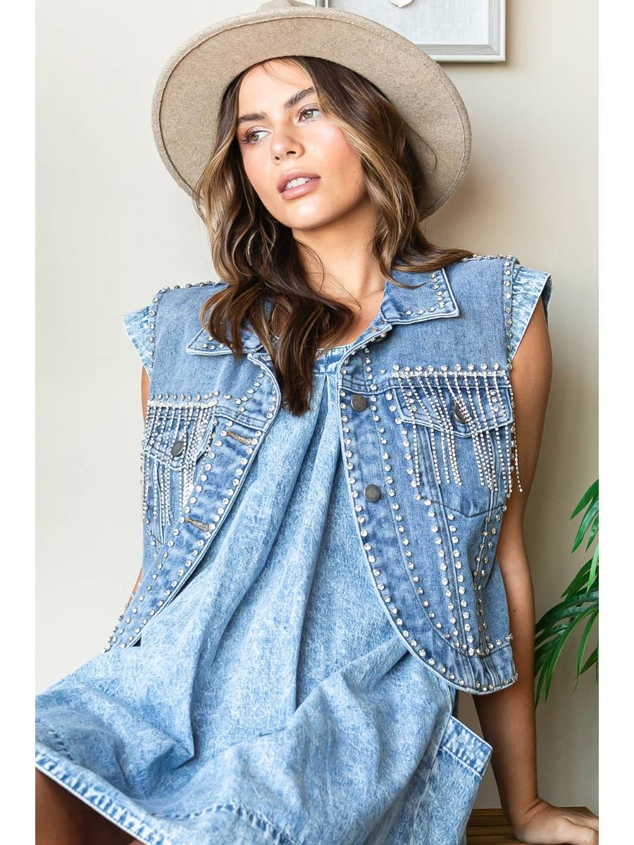 Diamond Rhinestone Tassel Denim Vest