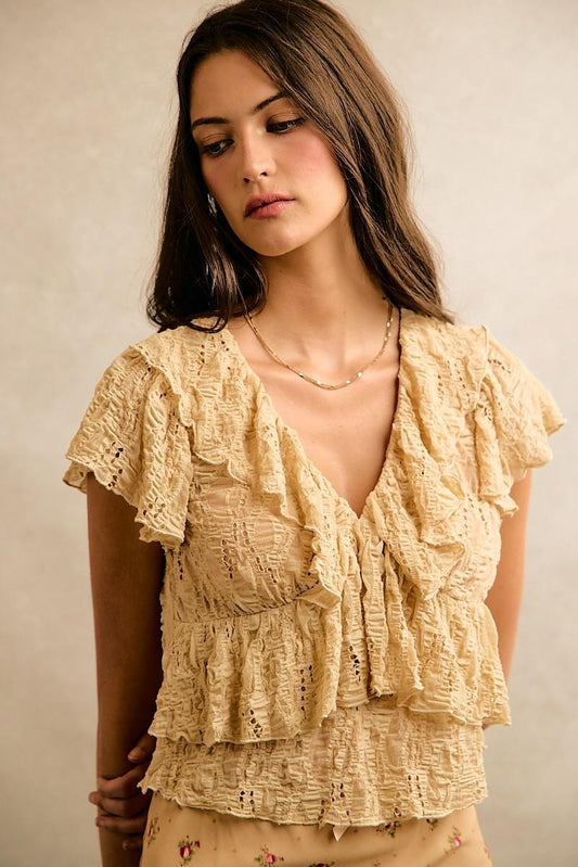 Textured Ruffle V Neck Short Sleeve Top