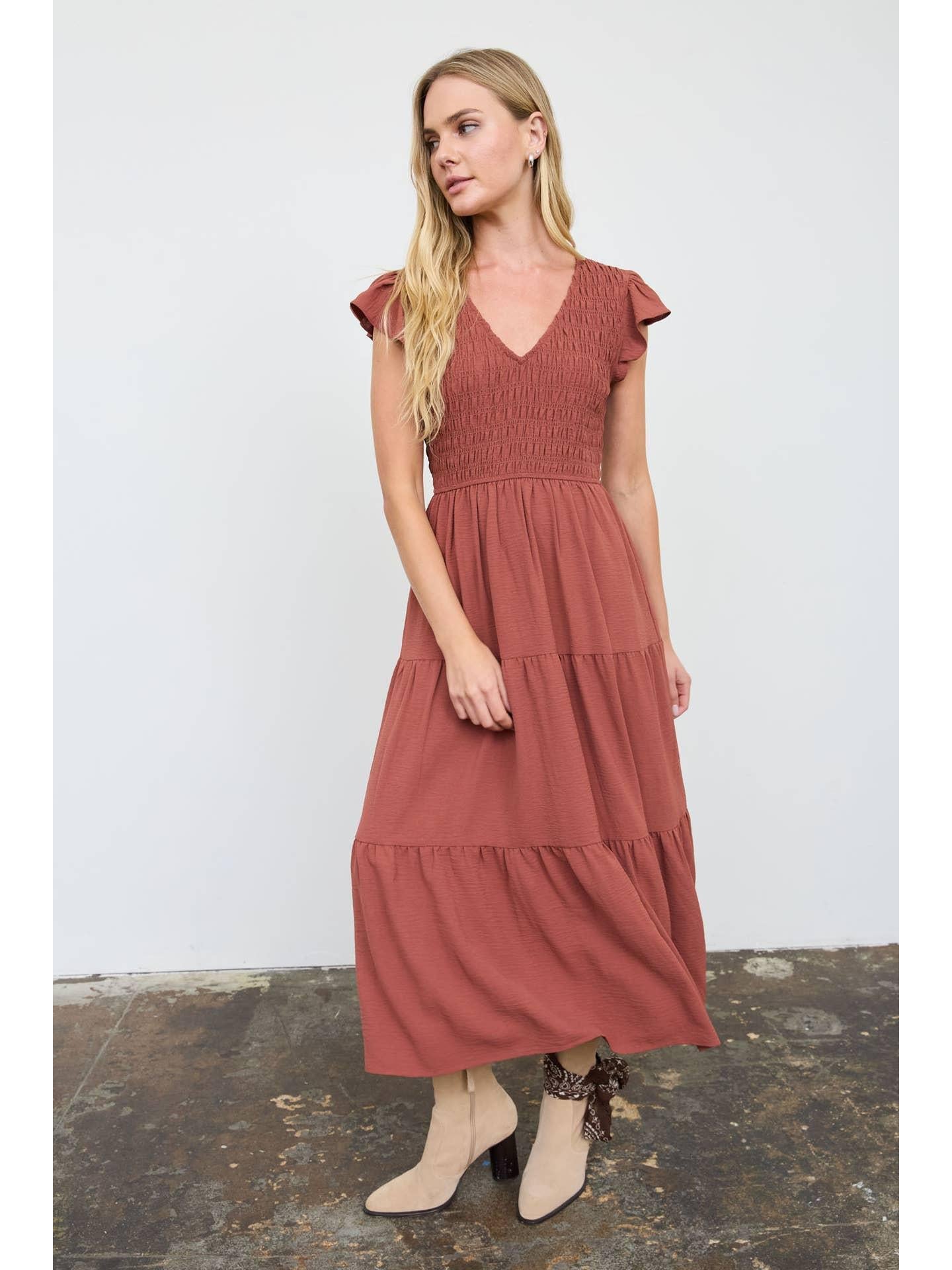 Flutter Sleeve V Neck Smocked Midi Dress - Rust