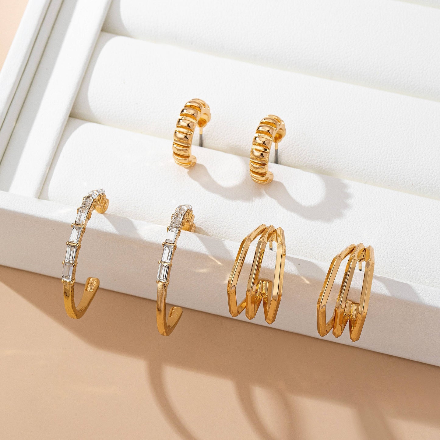 Baguette Stone Hoop, Geo Hoop Trio Earrings |