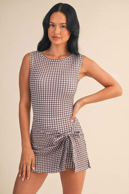 Brown Gingham Print Sleeveless Wrap Tie Front Dress