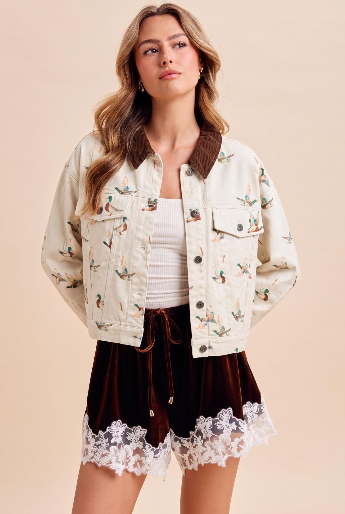 Mallard Print Corduroy Collar Denim Cropped Jacket - Ivory
