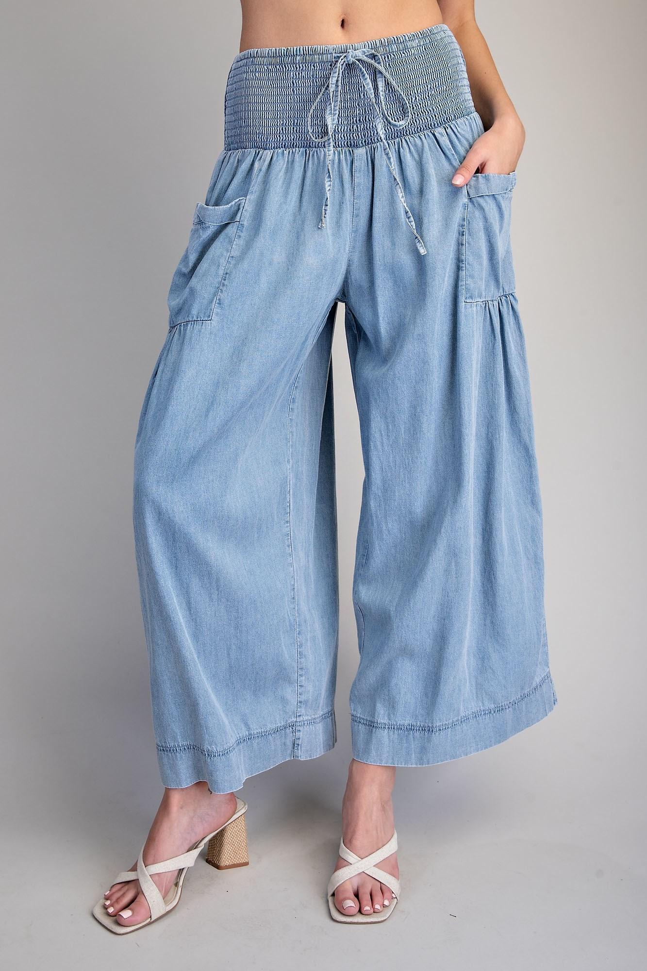 Denim Smocked Wide Leg Pants