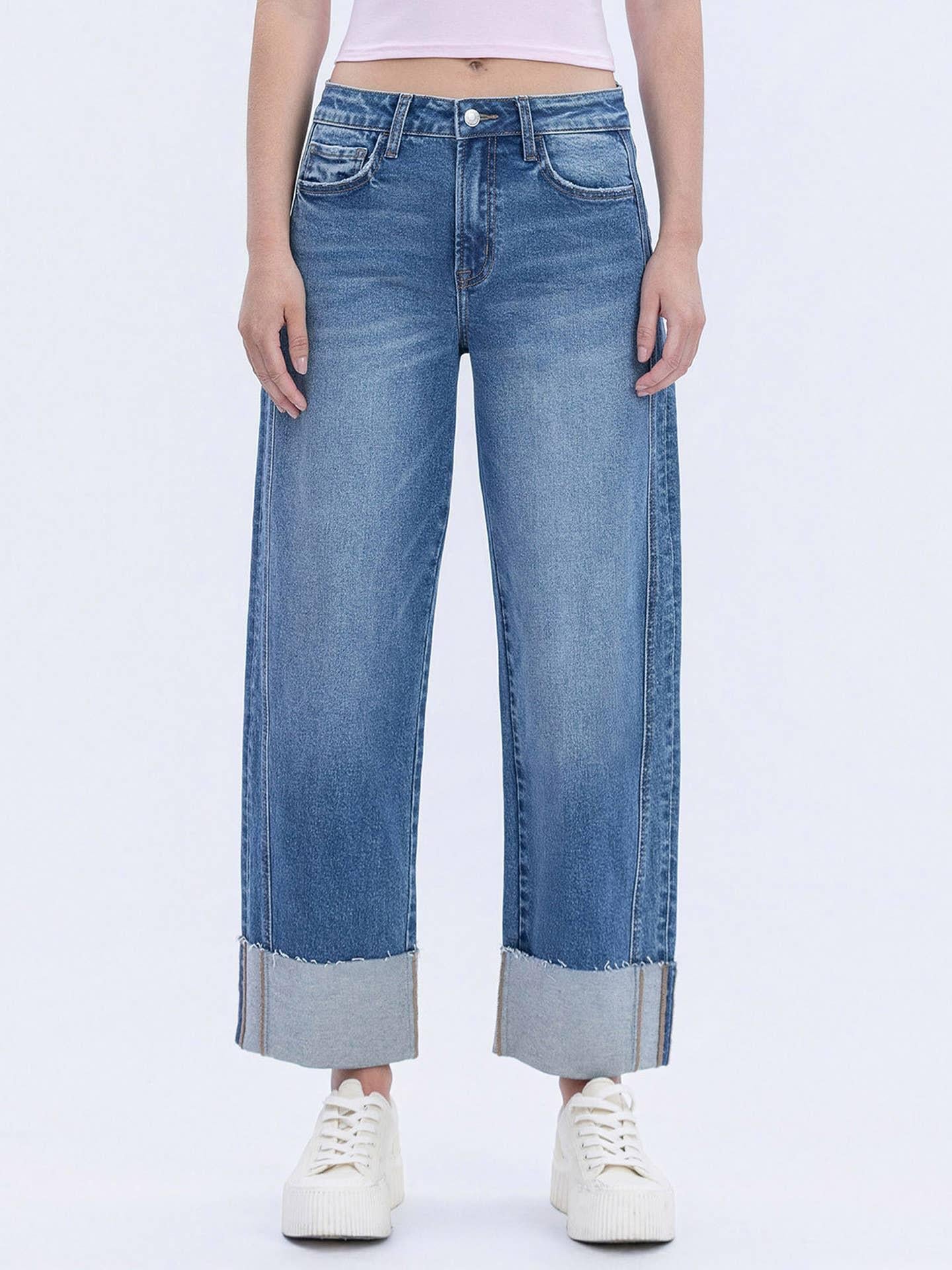 Defeating High Rise Cuffed Barrel Leg Jeans