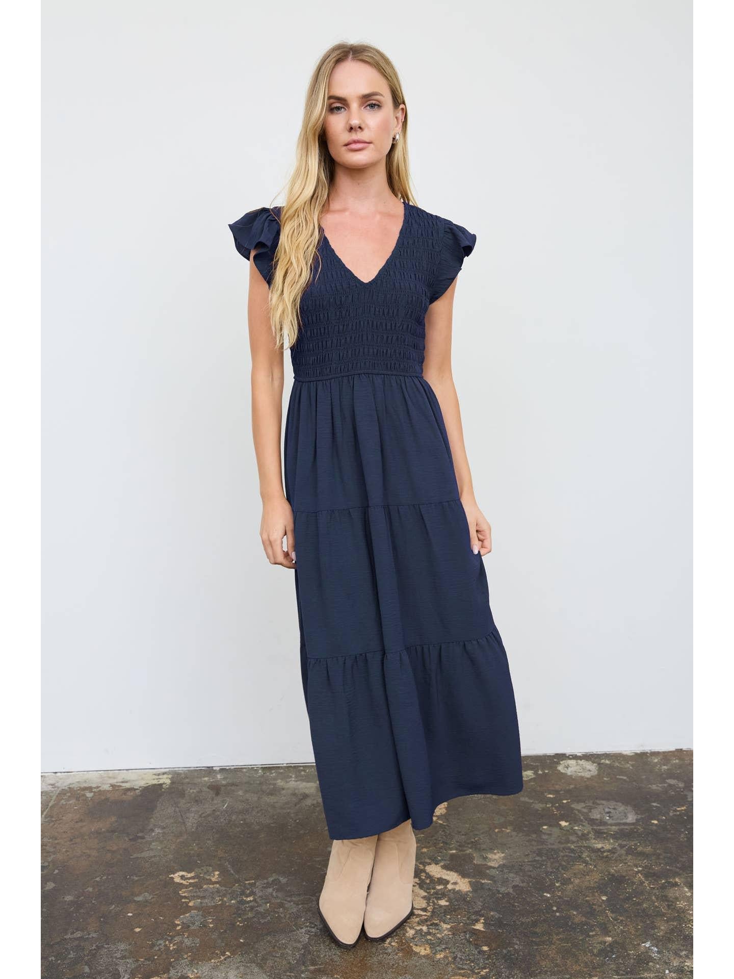 Flutter Sleeve V Neck Smocked Midi Dress - Navy