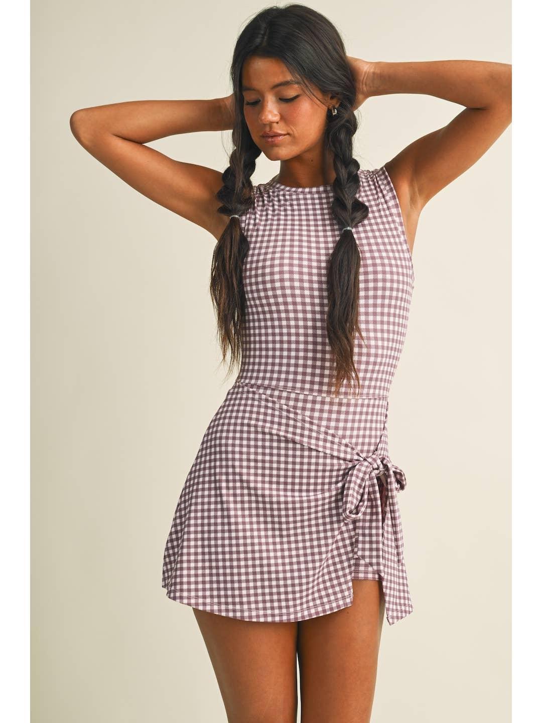 Gingham Print Sleeveless Wrap Tie Front Dress - Mauve Pink