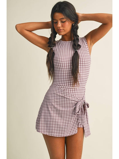 Gingham Print Sleeveless Wrap Tie Front Dress - Mauve Pink