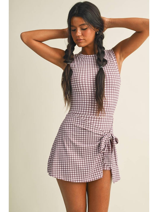 Gingham Print Sleeveless Wrap Tie Front Dress - Mauve Pink