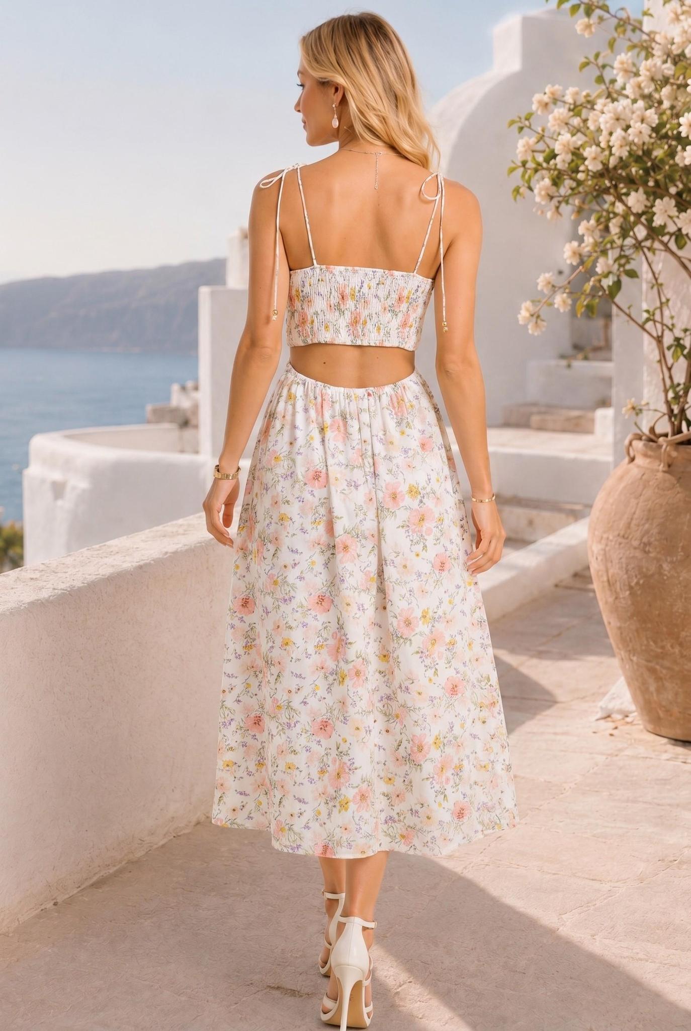 Scallop Edge Tie Shoulder Floral Midi Dress