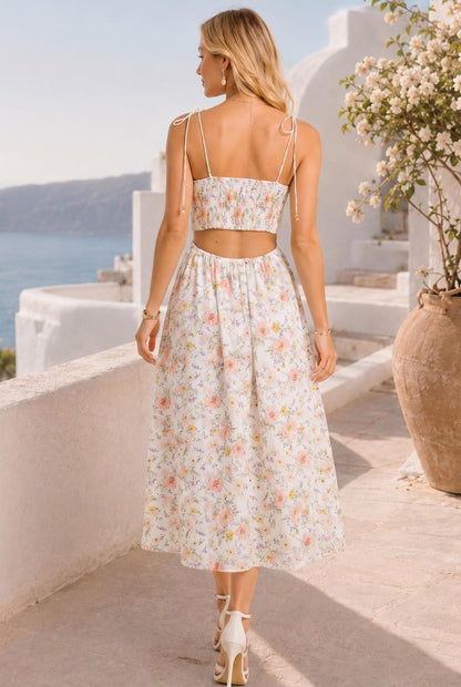 Scallop Edge Tie Shoulder Floral Midi Dress