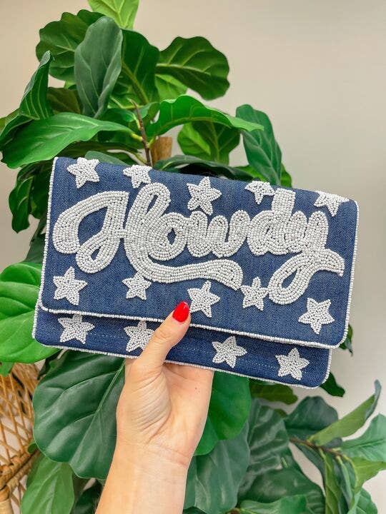 Howdy denim seed bead clutch